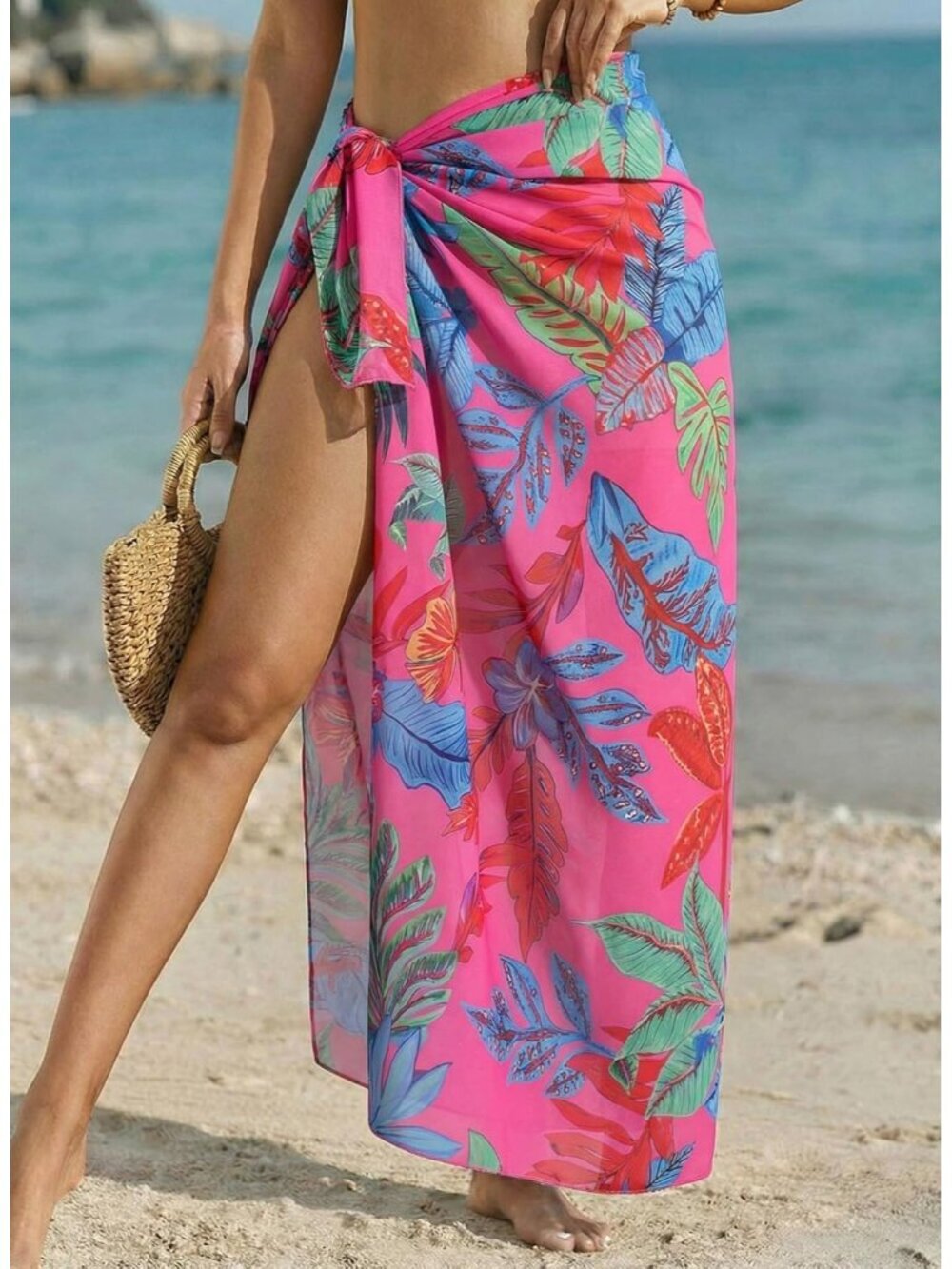 Women's Rose Tropical Leaf Swimsuit High Slit Summer Floral Print Wrap Beach - Picture 5 of 6